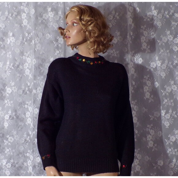 Vintage 80s Fancy Sweater 1980s Black & Silk Long Sleeve New Wave Size Large - Picture 1 of 8